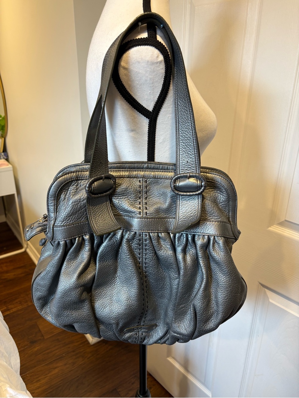 Cole Haan Pebbled Leather Shoulder Bag Gunmetal Grey Ruched Y2K Quiet Luxury